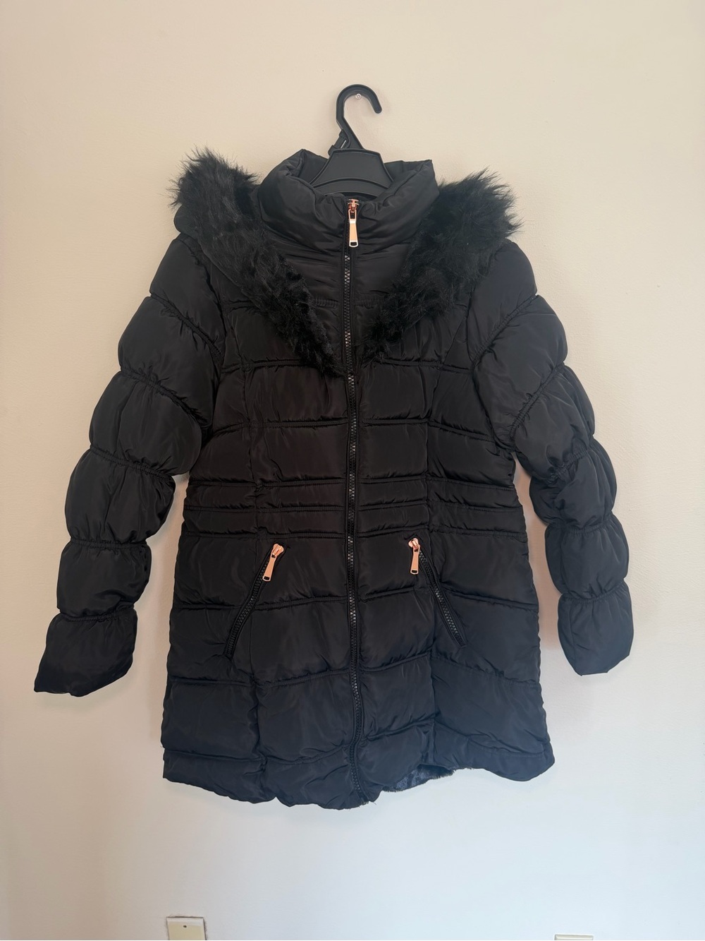 Fashion Nova Black Quilted Puffer Coat with Faux Fur Hood Trim